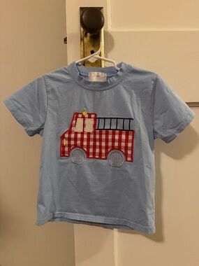 Light Blue Kids Short Sleeve Tee with Red Fire Truck Applique